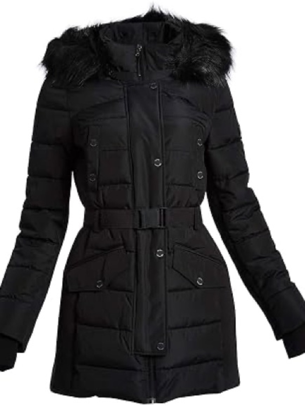 $360 Michael Kors Parka Puffer Coat Size L Fur Collar Waist Belt Elastic